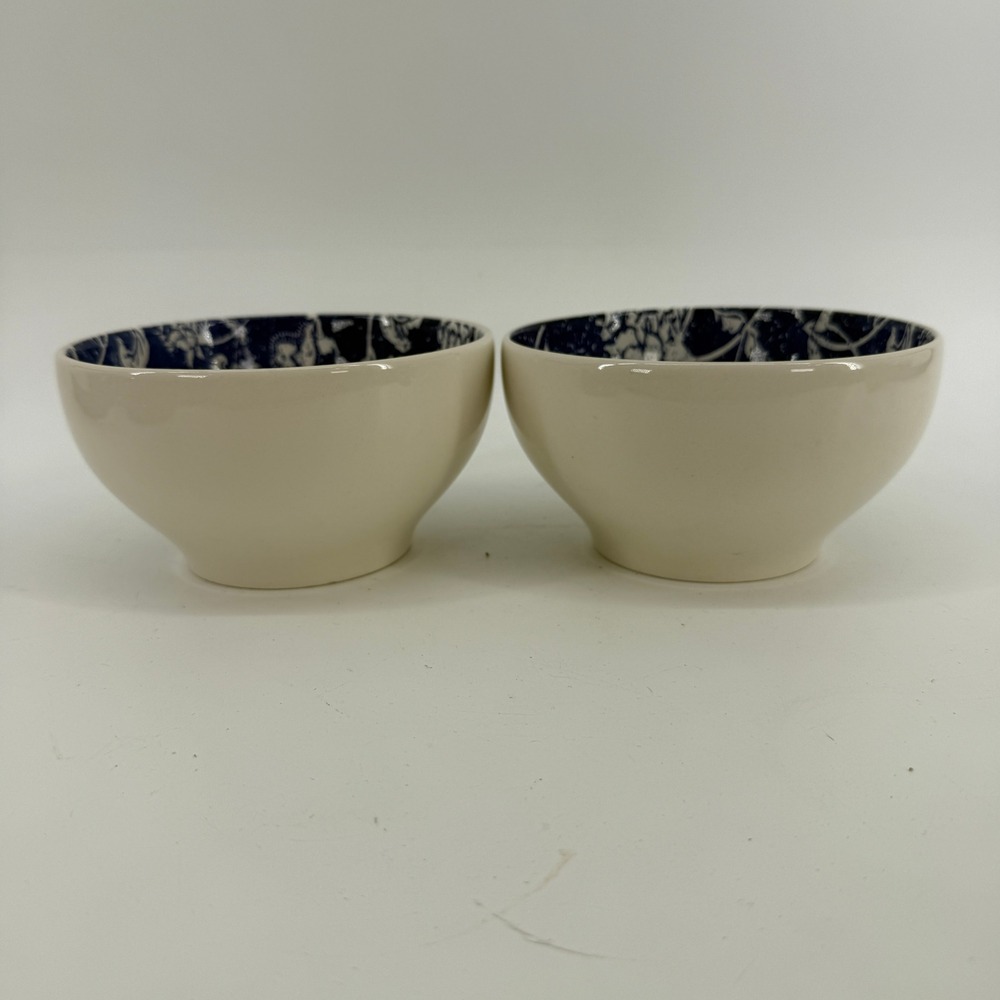 Pier‎ 1 Batik Cereal Bowls Set of 2 Cream Navy Blue Floral Earthenware Brazil